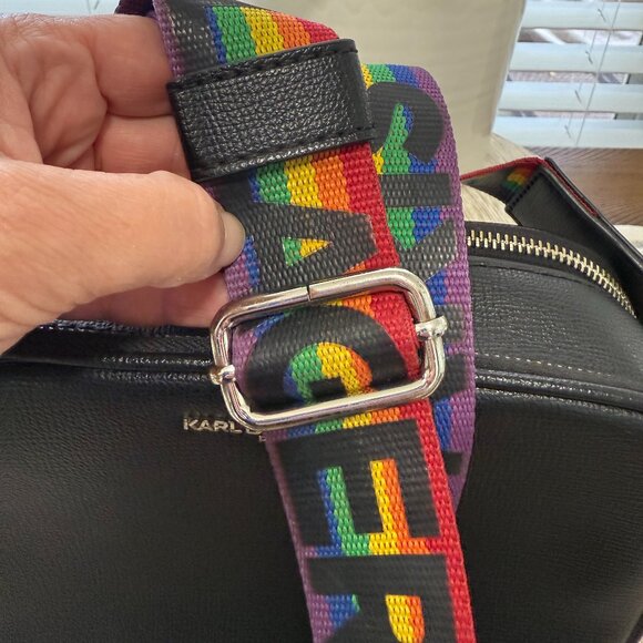 KARL LAGERFELD PARIS MAYBELLE CAMERA CROSSBODY BAG RAINBOW STRIPE STRAP CASUAL - Picture 13 of 16